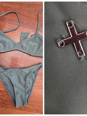 Nwot This Is FIRST BASE Army Green Tie Sport Bikini Xs